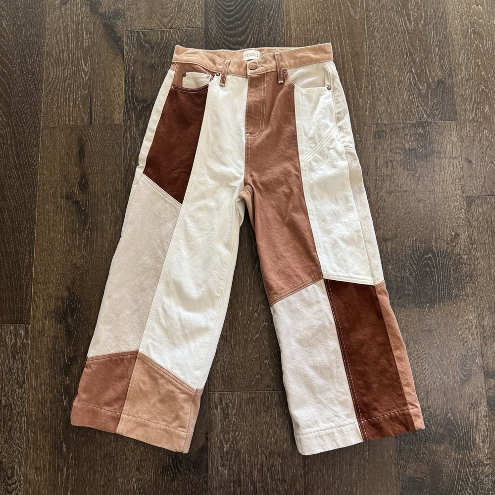 Alice + Olivia Patchwork Denim Pants Size 29 Wide Cropped High Rise Boho Indie